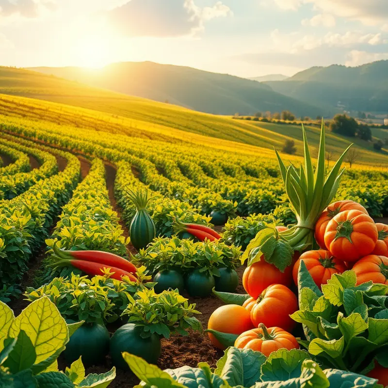 A sunlit orchard filled with vibrant vegetables and fruits.