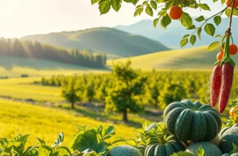 A sunlit orchard showcasing vibrant vegetables and fruits amid lush greenery.