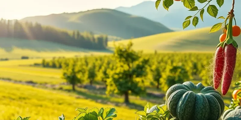A sunlit orchard showcasing vibrant vegetables and fruits amid lush greenery.