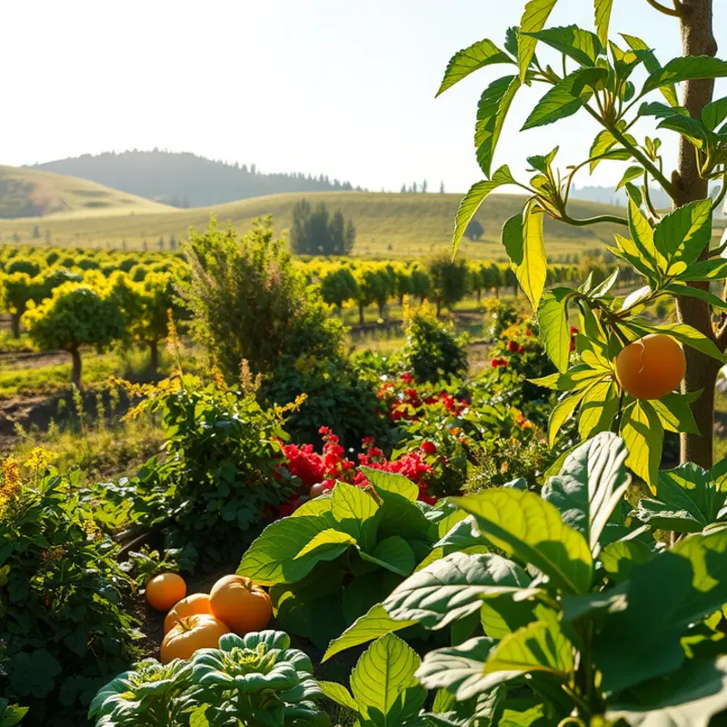 A vibrant and lush orchard filled with organic fruits and vegetables in a sunlit natural landscape.
