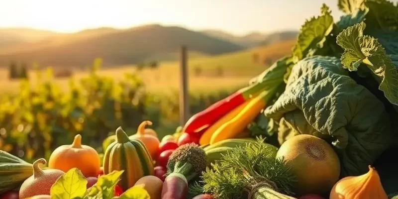 A vibrant orchard with organic fruits and vegetables, symbolizing weekend food preparation and healthy nutrition.