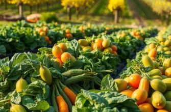 A picturesque field filled with colorful fruits and vegetables under bright sunlight.