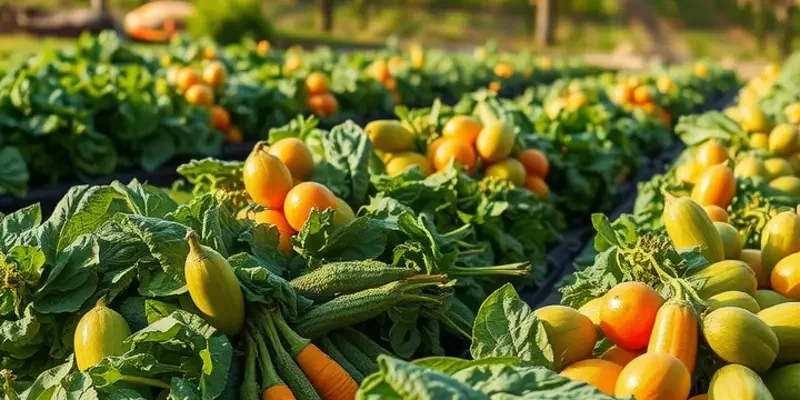 A picturesque field filled with colorful fruits and vegetables under bright sunlight.