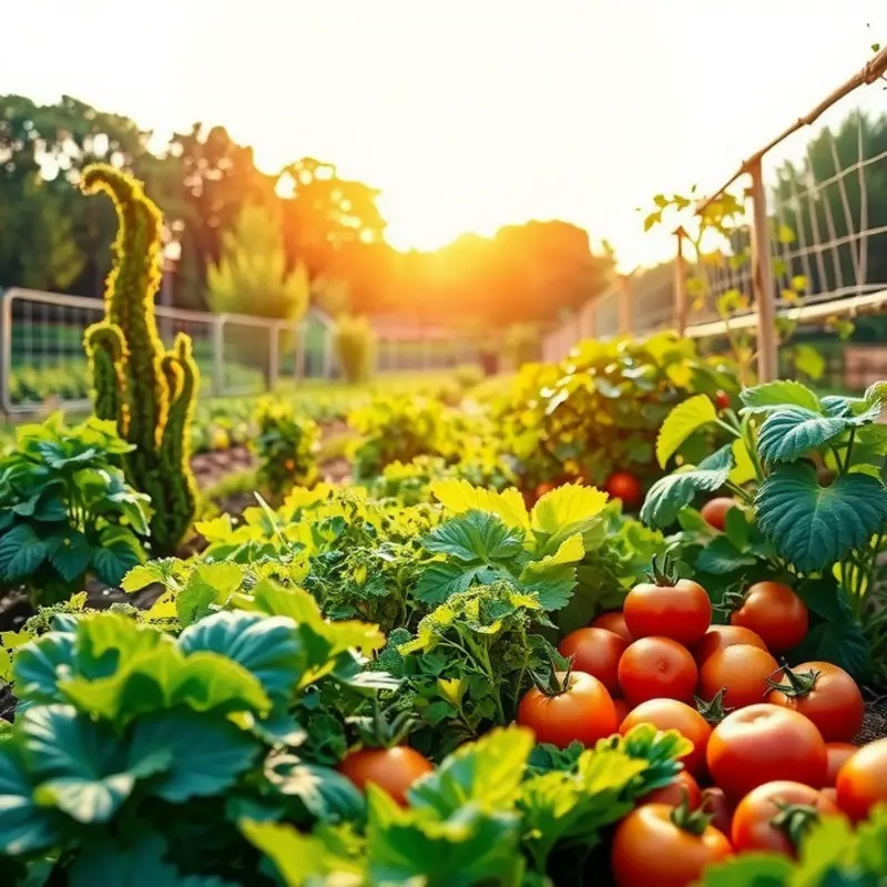 A sunlit field showcasing the abundance of fresh vegetables and fruits.