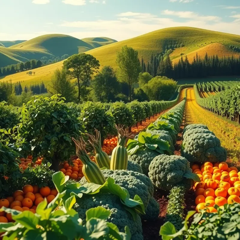 A sunlit field showcasing a variety of whole grains and vibrant vegetables.
