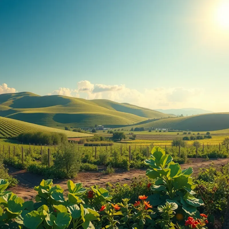 A serene landscape showcasing vibrant vegetables and fruits in their natural habitat.