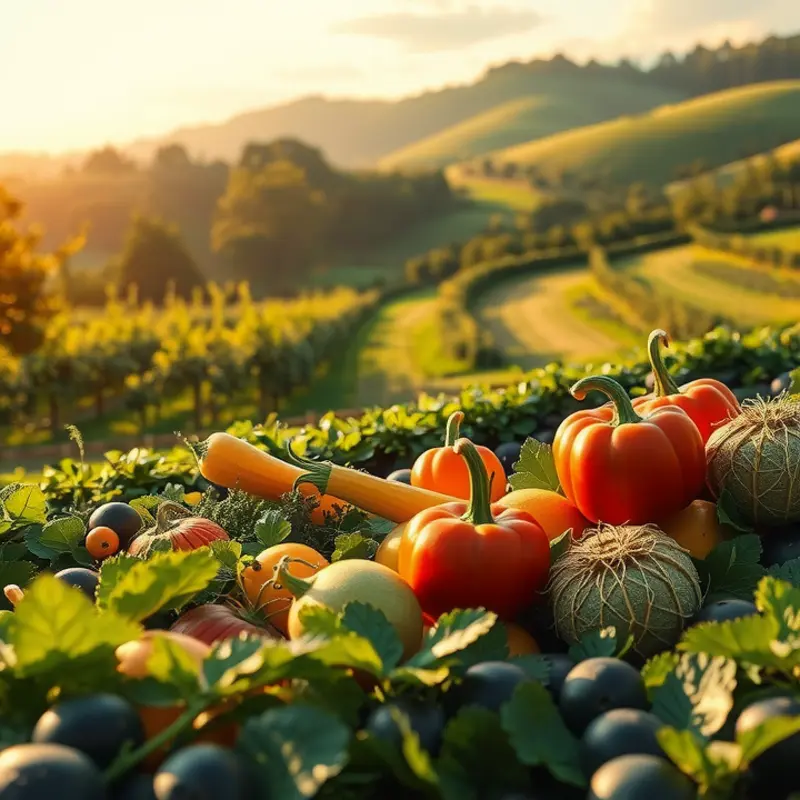 A serene landscape showcasing vibrant vegetables and fruits in their natural habitat.