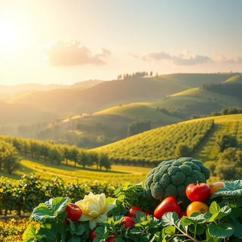 A scenic view showcasing a lush field filled with fresh fruits and vegetables, embodying the essence of whole food nutrition.