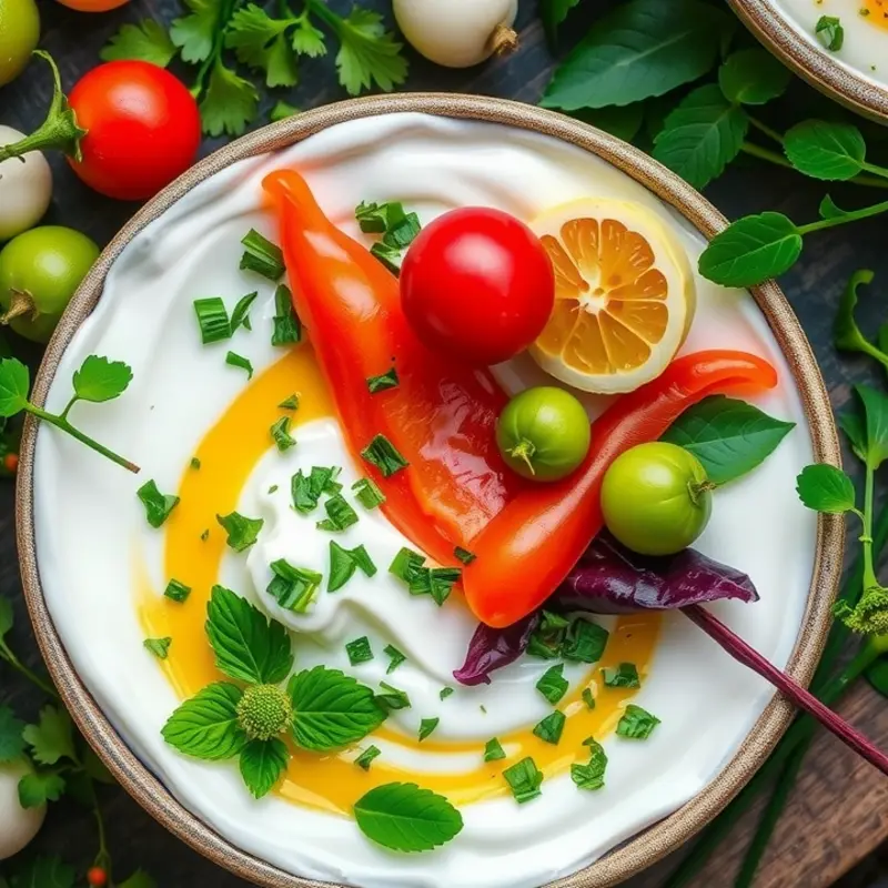 A garden scene featuring yogurt and fresh vegetables, emphasizing healthy cooking alternatives.