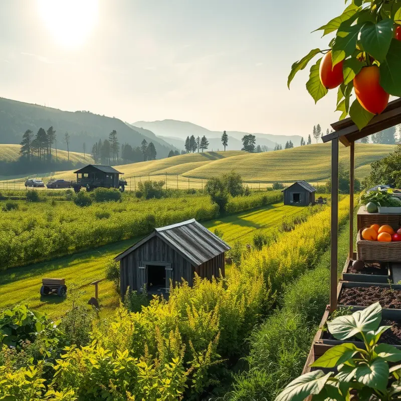 A sunlit field showcasing vibrant vegetables and fruits in a natural organic setting.