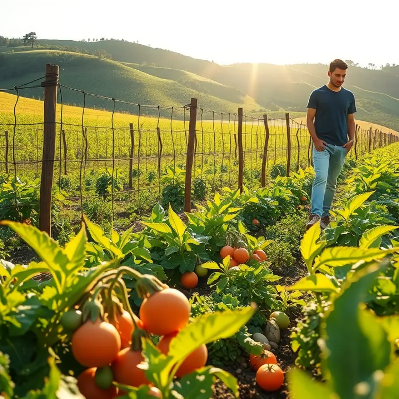 A radiant sunlit orchard showcasing vibrant fruits and vegetables.