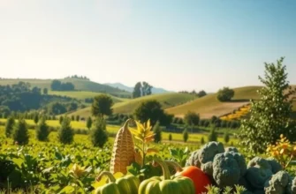 A beautiful landscape depicting a lush field of organic vegetables and fruits under warm, soft lighting.