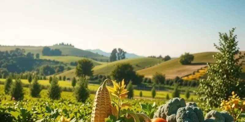 A beautiful landscape depicting a lush field of organic vegetables and fruits under warm, soft lighting.