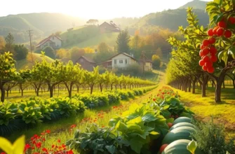 A vibrant organic landscape featuring a diverse array of fresh produce and greenery.
