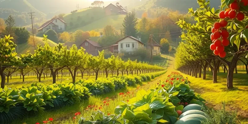A vibrant organic landscape featuring a diverse array of fresh produce and greenery.