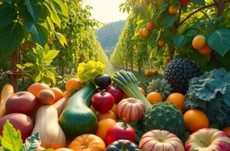 A landscape showcasing an abundant orchard with fruits and vegetables growing in a vibrant natural setting.