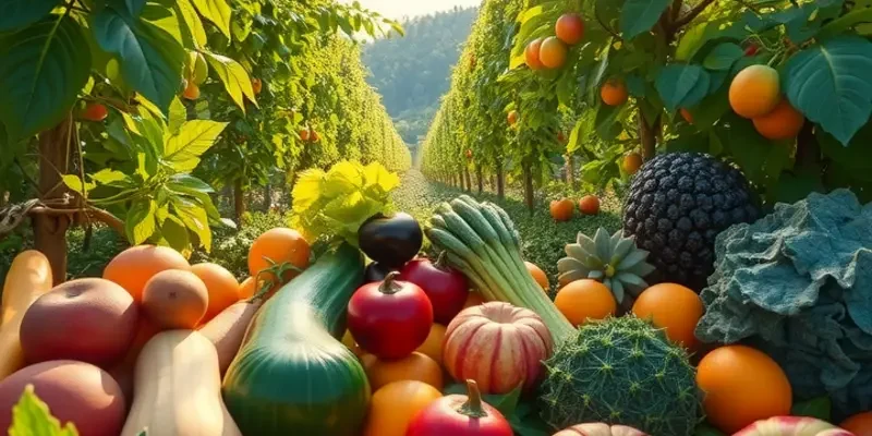 A landscape showcasing an abundant orchard with fruits and vegetables growing in a vibrant natural setting.