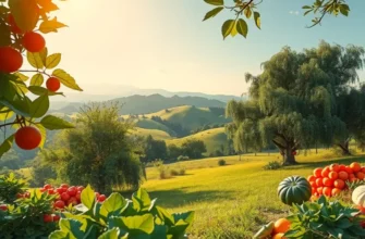 A vibrant farmscape full of ripe fruits and vegetables bathed in sunlight.