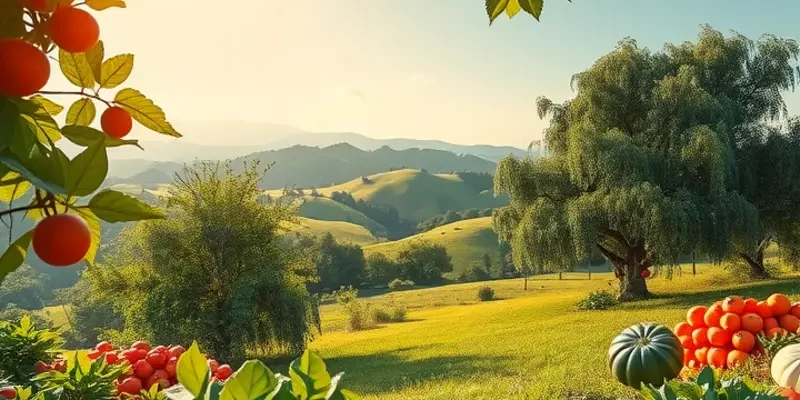 A vibrant farmscape full of ripe fruits and vegetables bathed in sunlight.