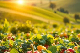 A scenic landscape with a diverse array of fruits and vegetables under soft sunlight.