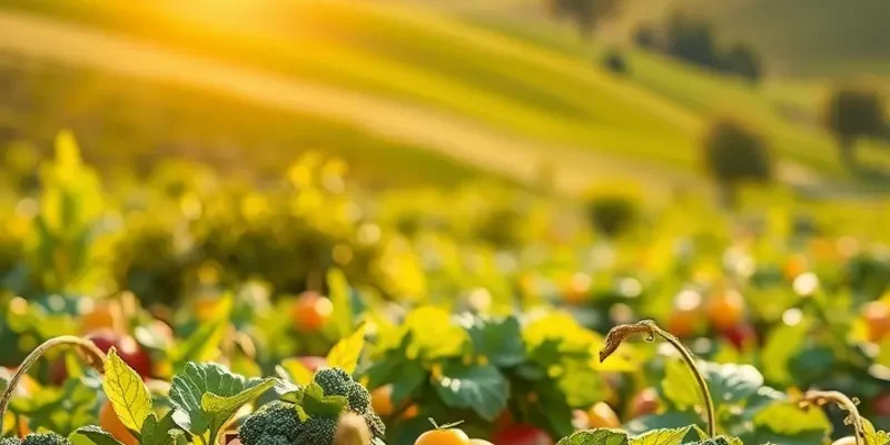 A scenic landscape with a diverse array of fruits and vegetables under soft sunlight.