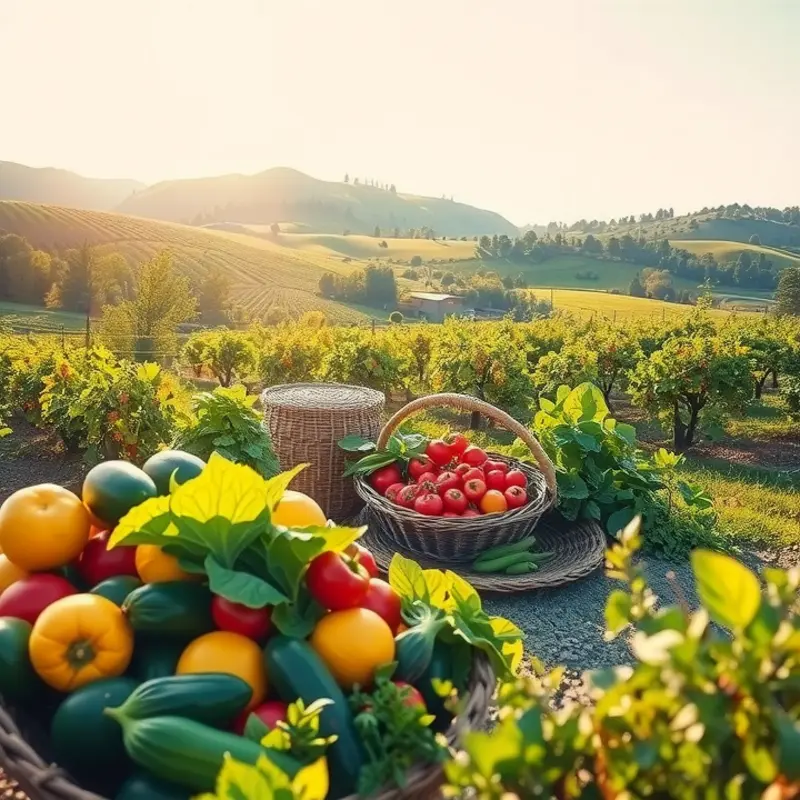 A vibrant landscape showcasing a sunlit field filled with fresh, organic vegetables and fruits.
