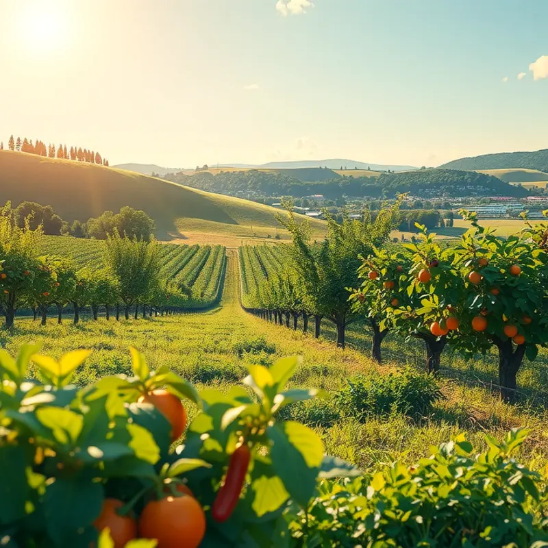 A radiant sunlit orchard showcasing vibrant fruits and vegetables.