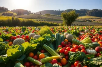 A vibrant field of fresh fruits and vegetables surrounded by green hills under bright sunlight.