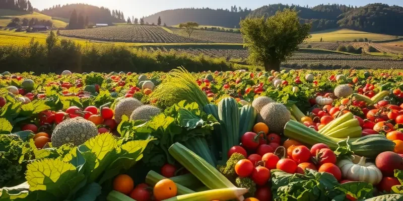 A vibrant field of fresh fruits and vegetables surrounded by green hills under bright sunlight.