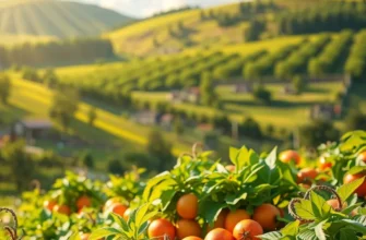 A vibrant organic field showcasing a variety of fresh produce illuminated by soft sunlight.