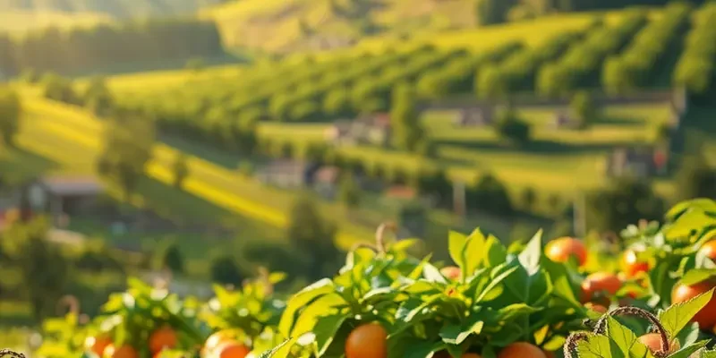 A vibrant organic field showcasing a variety of fresh produce illuminated by soft sunlight.