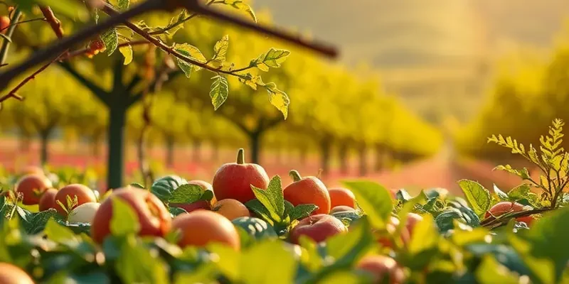A beautiful field filled with organic crops under soft sunlight, representing freshness and abundance.