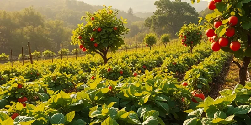 An abundant harvest of organic vegetables and fruits in a sunny field.