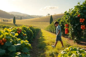 Organic harvest scene in a sunlit orchard with fresh vegetables and fruits