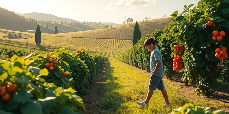 Organic harvest scene in a sunlit orchard with fresh vegetables and fruits