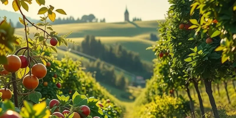 A vibrant field of organic vegetables and fruits illuminated by soft sunlight.