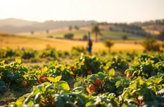 A picturesque landscape featuring a variety of organic fruits and vegetables in a sunlit environment.