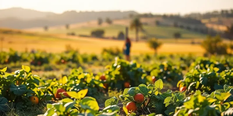 A picturesque landscape featuring a variety of organic fruits and vegetables in a sunlit environment.