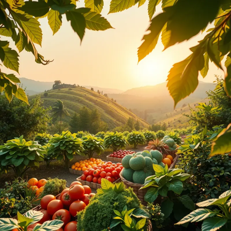 Vibrant fruits and vegetables growing in a sunlit field.