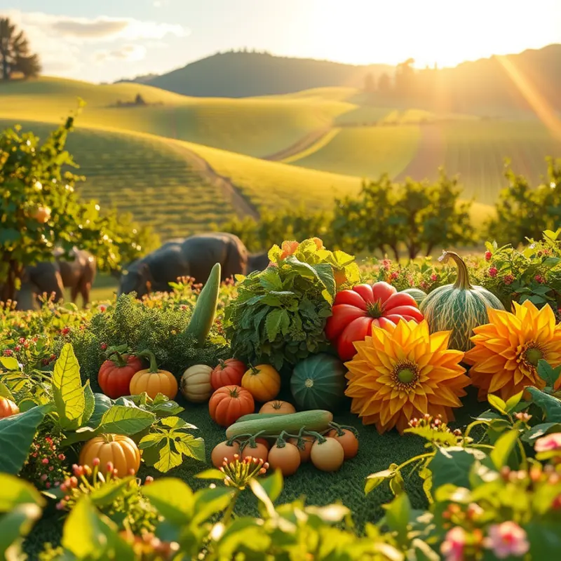 A vibrant sunlit orchard brimming with organic produce.