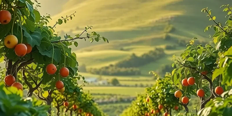 Sunlit field filled with colorful, healthy vegetables and fruits.