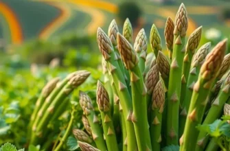 A field full of luscious asparagus surrounded by lush greenery, representing freshness and health.