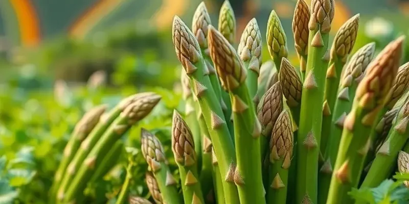 A field full of luscious asparagus surrounded by lush greenery, representing freshness and health.