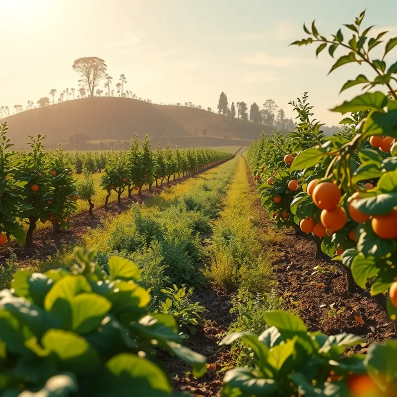 A vibrant sunlit field showcasing an array of fruits and vegetables.