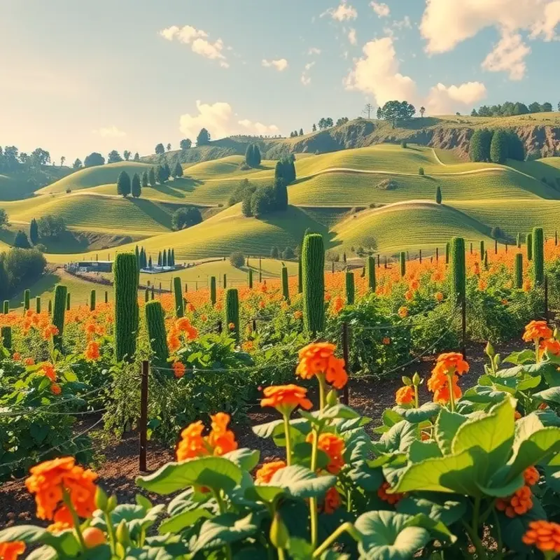 A serene landscape showcasing a variety of organic vegetables growing in a sunlit field.