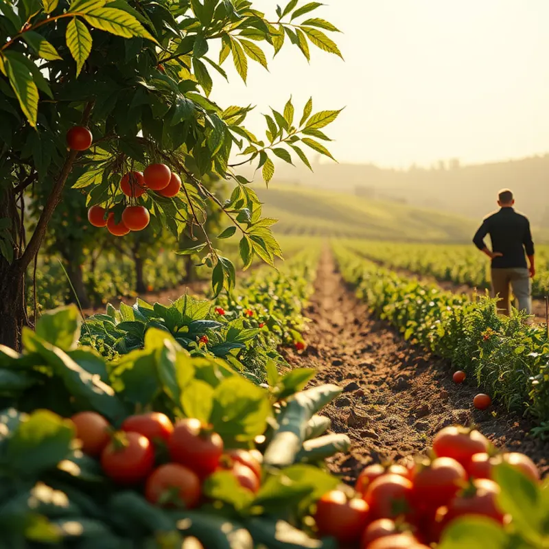 A serene landscape showcasing vibrant organic produce amidst lush greenery.