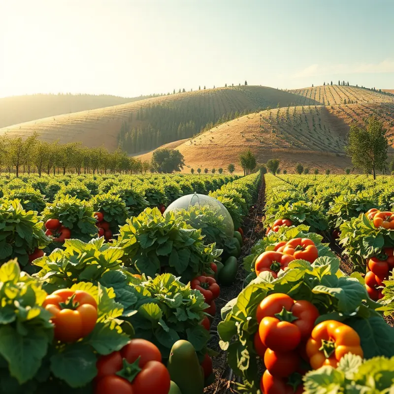 A sunlit orchard showcasing vibrant vegetables and fruits amidst lush greenery.