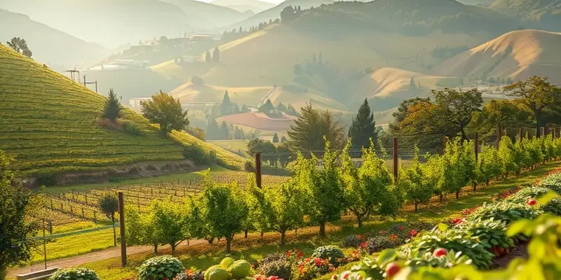 A scenic view of a bountiful field filled with organic fruits and vegetables.