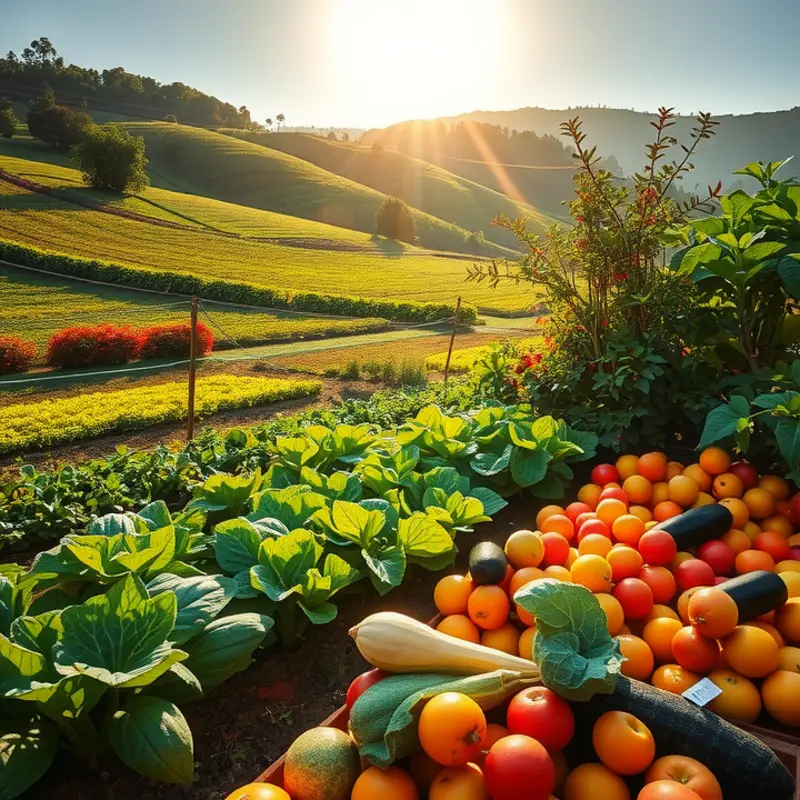 A lush landscape showcasing a variety of organic vegetables and fruits.