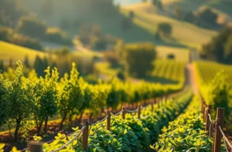 Lush green hills and rows of vibrant vegetables and fruits under a clear blue sky.